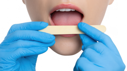 Doctor wearing blue gloves using a tongue depressor to examine patient's throat, isolated on transparent background, useful for medical and healthcare concepts