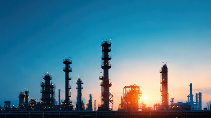 Obraz premium Industrial silhouette against blue sky at sunset creates striking scene