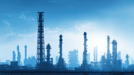 Abstract industrial silhouette against blue sky evokes sense of scale and power