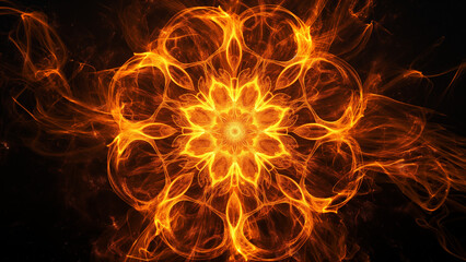 Fiery mandala glowing with vibrant light patterns, radiating warmth, energy, and symmetrical beauty.
