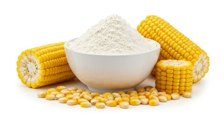Corn flour in a bowl with corn kernels and cobs