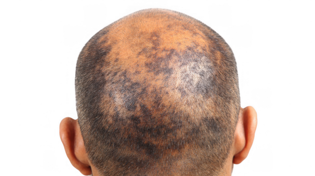 Close up of a man's head showing scalp psoriasis affecting hair growth, isolated on a transparent background, useful for medical and healthcare related projects - Powered by Adobe