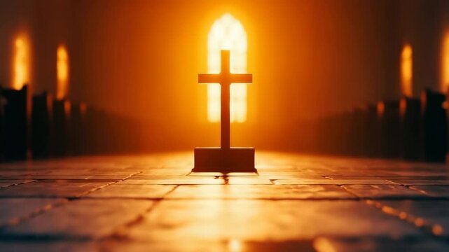Wooden cross silhouette stands stone floor inside church with warm glowing light shining through stained glass window creating peaceful spiritual atmosphere and church aisle bathed warm sunlight glow