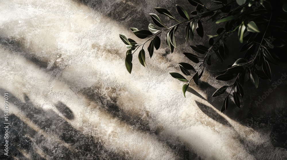 Poster sunlight casts shadows on a textured surface with a sprig of greenery.