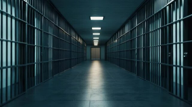Prison corridor with metal bars and closed door cells on both sides, dim light from overhead lights in hallway, creating sense of confinement and security in correctional facility