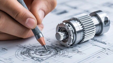 Technical drawing of mechanical part with engineer hand tools.