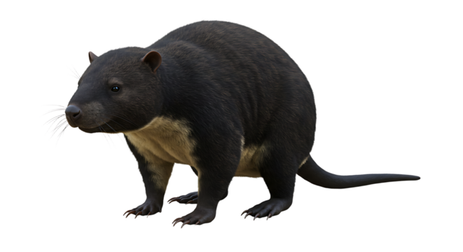 Tasmanian devil with dark fur and sharp claws standing alert