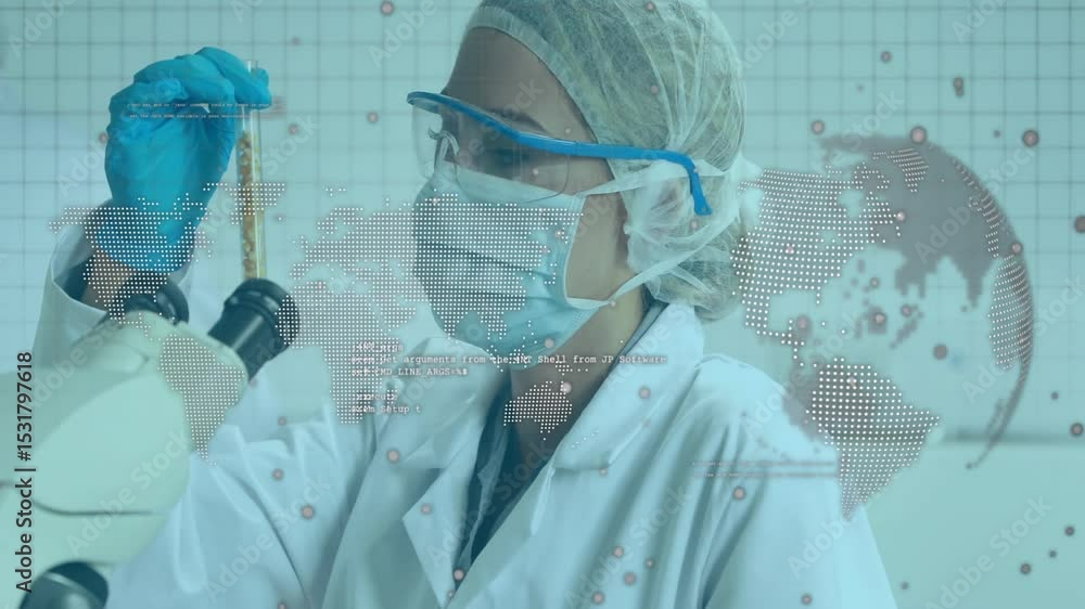 Poster scientist lifting test tube testing yellow fluid under microscope in lab data overlay mapping nodes