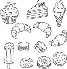 Whimsical Hand-Drawn Dessert Collection Featuring Cupcakes, Ice Cream, Cake Slices, Macarons, Croissants, Cookies, Popsicles, and Pastries in Cute Minimal Style with Pink Accents on White Background