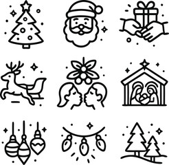 Icon Festive Christmas Icons Collection Featuring Santa, Tree, Reindeer, Nativity and Holiday Decorations Vector Art