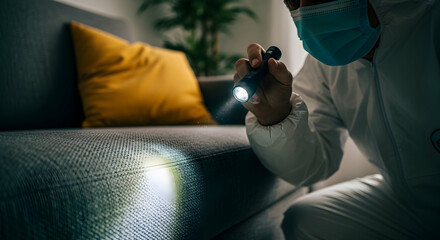 Pest control expert inspecting sofa for insects with flashlight.