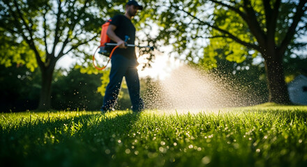 Man spraying fertilizer or pesticide on lawn in backyard