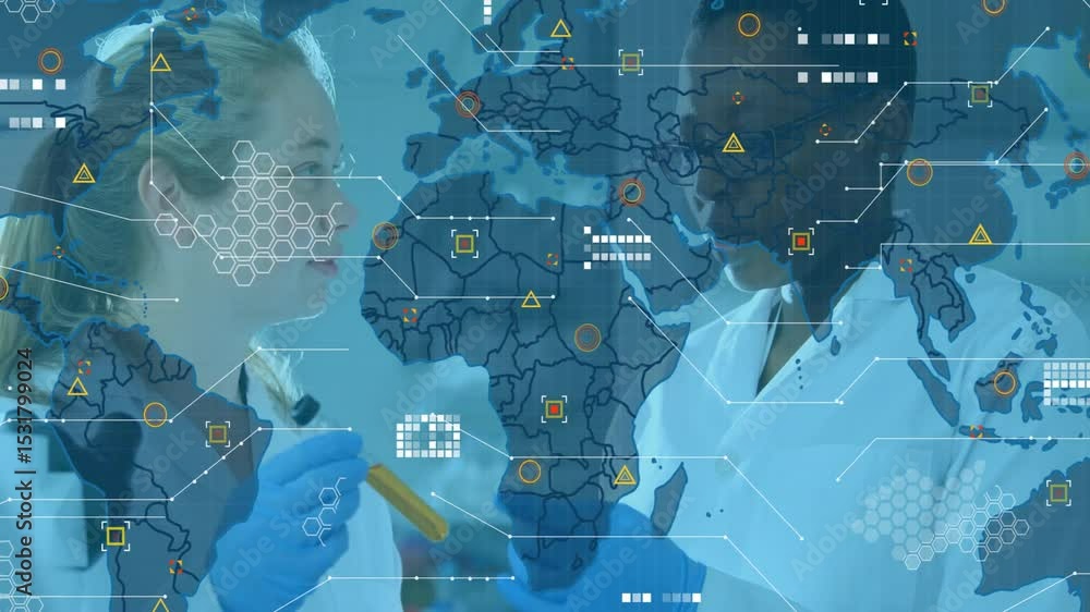 Poster two lab scientists raising, exchanging tube while world map overlay growing and mapping data nodes