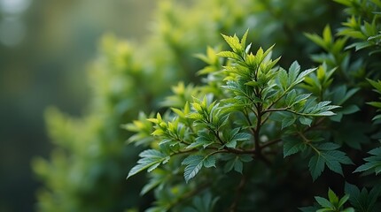 Lush green foliage with shallow depth of field creates a natural, serene scene. Ideal for backgrounds, nature themes, and botanical projects.