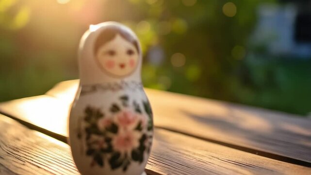 Matryoshka doll with floral pattern on a wooden surface illuminated by warm sunlight in an outdoor setting