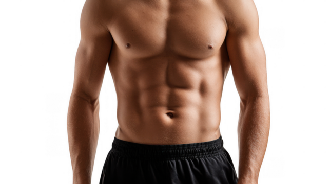 Close up of a muscular male torso featuring defined abs, highlighting the results of dedicated fitness training against a transparent background, perfect for health and lifestyle themes - Powered by Adobe