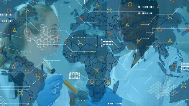 Two lab scientists raising, exchanging tube while world map overlay growing and mapping data nodes