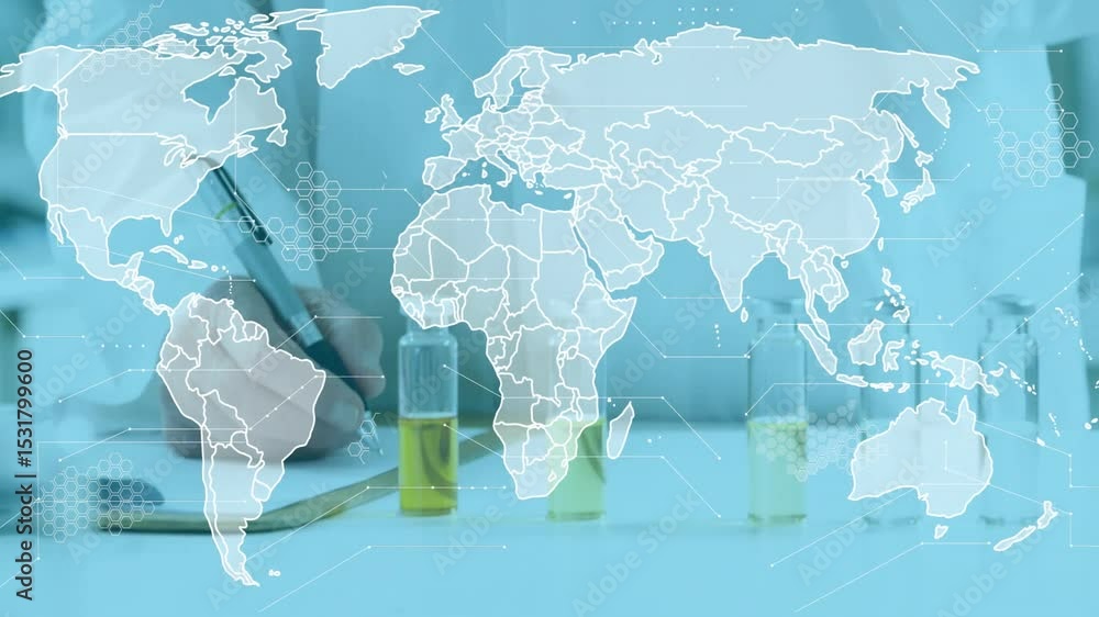 Poster pen tip moving across notes initiating world map overlay and hex patterns as doctor studying vials