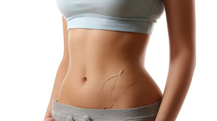 Close up of a fit woman's abdomen, revealing a prominent scar likely resulting from a surgical procedure, against a transparent background, emphasizing the concept of body image and recovery