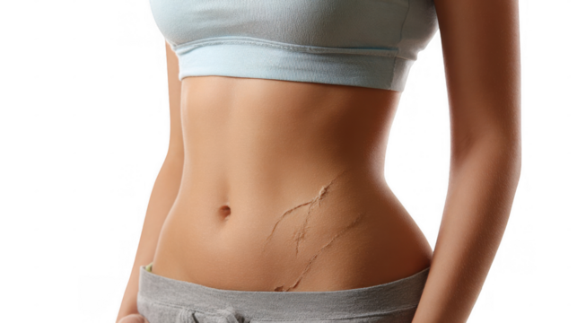 Close up of a fit woman's abdomen, revealing a prominent scar likely resulting from a surgical procedure, against a transparent background, emphasizing the concept of body image and recovery