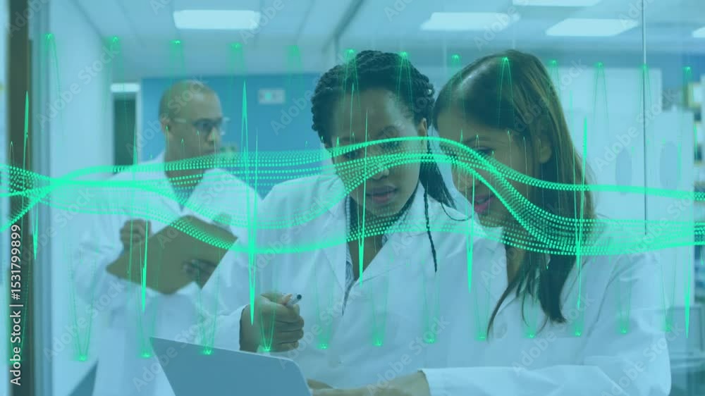 Poster three scientists examining laptop data in lab with pulsing digital waveform initiating data review