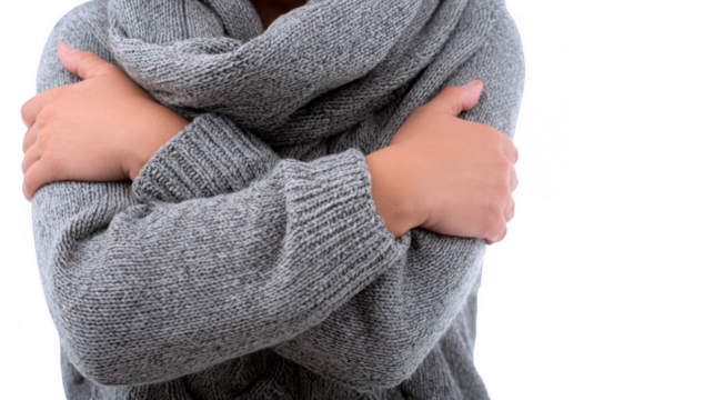 Woman hugging herself trying to warm up, wearing a gray wool sweater and scarf, suffering from cold, flu or seasonal allergies, on transparent background