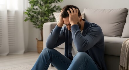 Fototapeta premium Mental Health Awareness: Overwhelmed Man in Casual Setting Distressed Man Sitting on Floor in Living Room 
