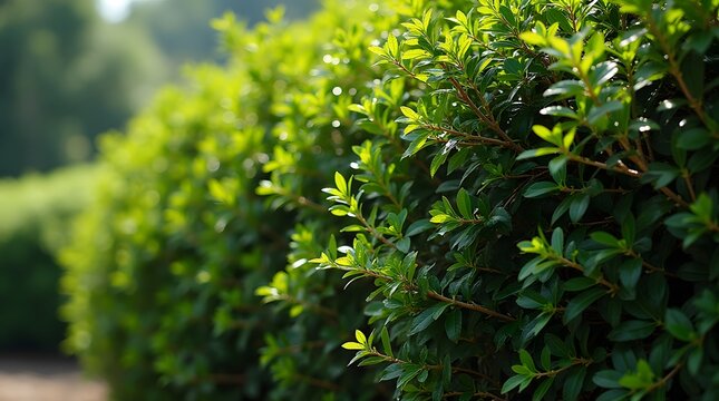 Lush green foliage of Myrtus, Japanese holly, Syzygium buxifolium, and Eurya emarginata plants. Ideal for backgrounds, nature themes, or illustrating plant life.