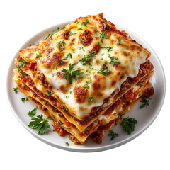 Delicious italian lasagna food meal with cheese and parsley on a plate isolated on transprint background