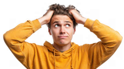 Confused young man is holding his head with both hands, expressing frustration and uncertainty, looking up and wearing a casual yellow sweatshirt on a transparent background