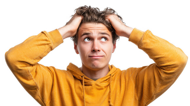Confused young man is holding his head with both hands, expressing frustration and uncertainty, looking up and wearing a casual yellow sweatshirt on a transparent background
