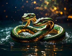 Two emerald green snakes entwined in water