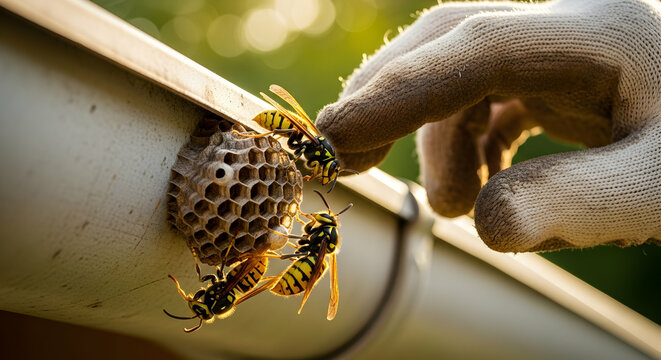 Wasp Nest Removal with Protective Gloves - Powered by Adobe