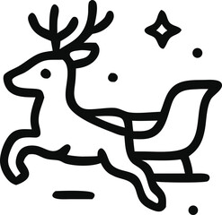 Icon Vector Graphic of Santa's Reindeer Pulling a Sleigh with Stars and Snowflakes on a Snowy Background for Christmas