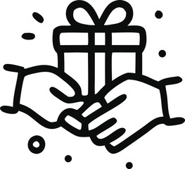 Icon Hands exchanging a gift box with ribbon and bow, surrounded by sparkle dots conveying a feeling of celebration and generosity.