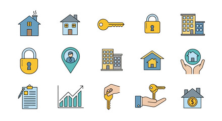 Real Estate Icons Houses, Keys, Locks, and More – Vector Illustrations
