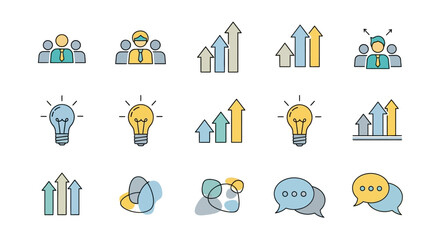 Teamwork, Growth, and Innovation A Set of Colorful Line Icons for Business Presentations