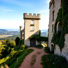A majestic building's facade at sunset, showcasing its elegant architecture and tall windows.