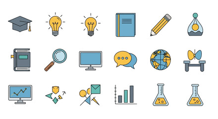 Education Icons Graduation Cap, Lightbulb, Books, Pencil, and More