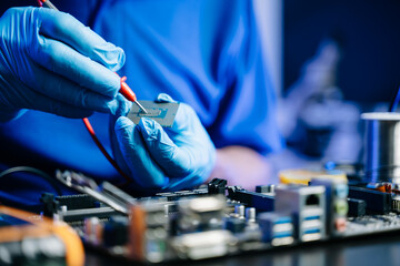 The technician is putting the CPU on the socket of the computer motherboard. electronic engineering...