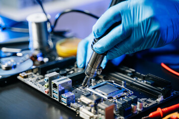 Technician in gloves performs precise soldering on circuit board using hot air gun. Concept of...
