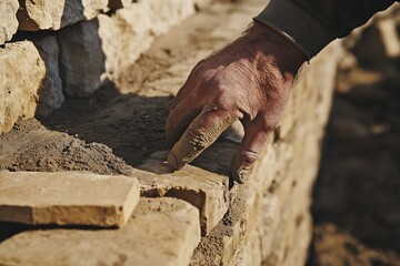 Crafting Durability, Skilled Hand Laying Stone Bricks for a Timeless Structure