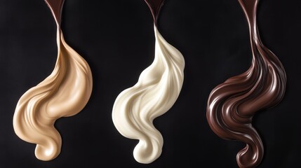 Close-up of melted swirls of sweet dessert for advertisement. Pouring delicious dark, milk and white chocolate