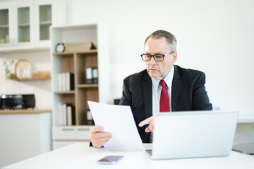 Mature businessman working in office with laptop, tablet, and notes. Perfect for business, finance, accounting
