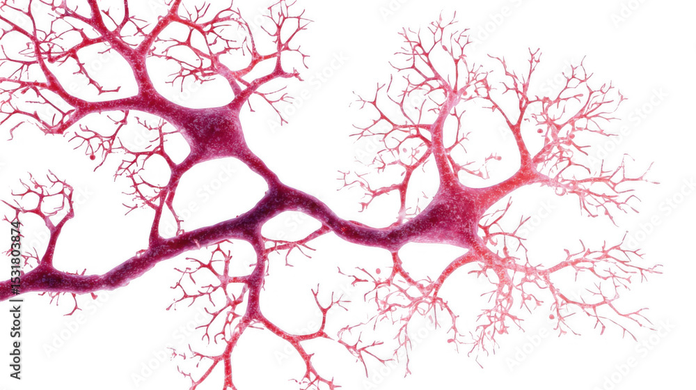Poster microscopic view of neurons connecting and communicating, showing their complex structure and networ