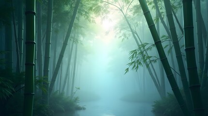 Lush bamboo forest in Kyoto, Japan. Serene landscape with towering green bamboo and soft light. Ideal for travel, nature, and Asian-themed projects.