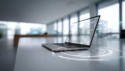 Modern laptop with futuristic interface on a table.