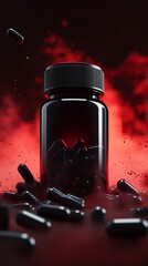A black pills bottle with broke tablets and mist color background., overdose concept