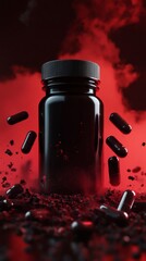 A black pills bottle with broke tablets and mist color background., overdose concept