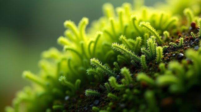 Lush green Selaginella apoda moss detail. Macro shot, vibrant texture. Ideal for nature, botany, and environmental themes.